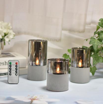 Φ7.5cm LED Flameless Candles (3PCS SET) - Battery Operated Electric LED Pillar Candles with Remote Control Cycling 24 Hours Timer - Cement Effect, Real Wax, 3D Wick, Realistic Flickering, Vivid Christmas/Festival/Party Decorative Candle Sets
