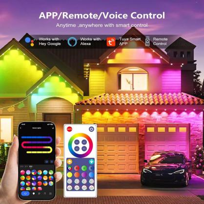 LED Permanent Eaves Light (IP68 Waterproof,Outdoor Use) with 24-key Remote Controller & Smart APP Bluetooth & WIFI Control,RGBIC 16 Million Optional Colors,Voice Control, Adjustable Brightness, Music Sync,DIY Scenes