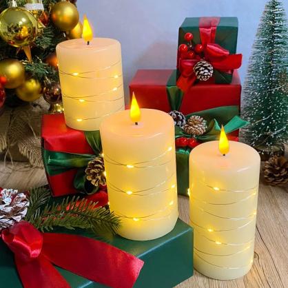 Φ8.0cm LED Pillar Candles with Copper wire lamp and Remote Controller (3PCS SET) -Operated by 2 * AA Batteries (Not Included) Electric Flameless Candles - Real Wax, 3D Wick, Realistic Flickering