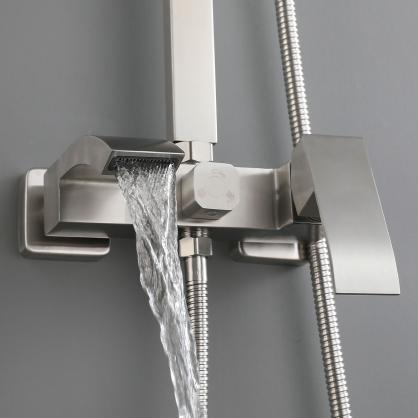 Brushed Nickel Wall Mount Shower Faucet Set (SUS304 Stainless Steel, Square Shower-head, Bathroom Rainfall Shower System, Shower Trim Kit)