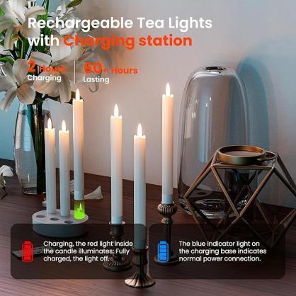 Rechargeable Flameless LED Taper Candles (6pcs set), with Charging Base, LED Taper Candles with Remote Timer, 3D Flickering Flame for Home & Commercial Decoration