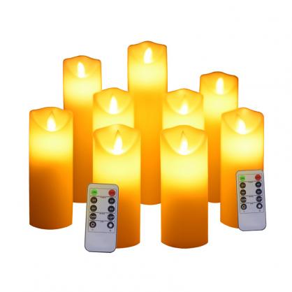 Φ5.3cm LED Flameless Wax Candles (9 PCS SET) - Battery Operated Electric LED Pillar Candles with Remote Control Cycling 24 Hours Timer - Real Wax, 3D Wick, Realistic Flickering, Vivid Christmas/Festival/Party Decorative Candle Sets